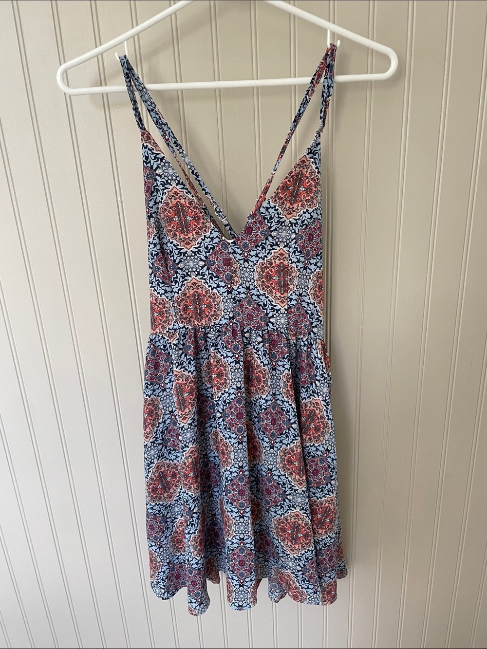 Paper Crane Navy and Coral Tile-Print Mini Dress